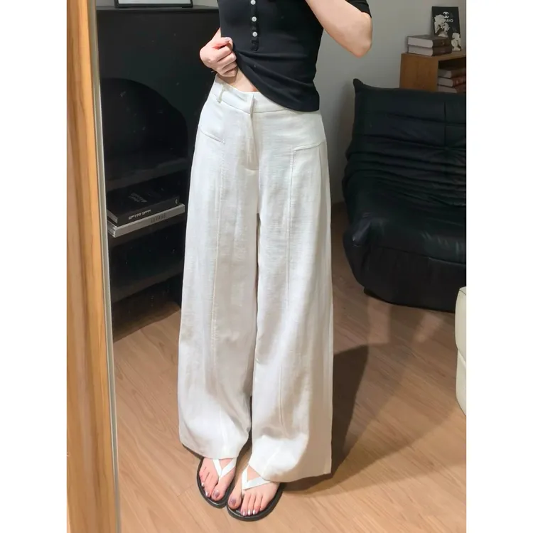 白色棉麻阔腿裤女夏季薄款高腰垂感老钱风休闲西装直筒苎亚麻裤子