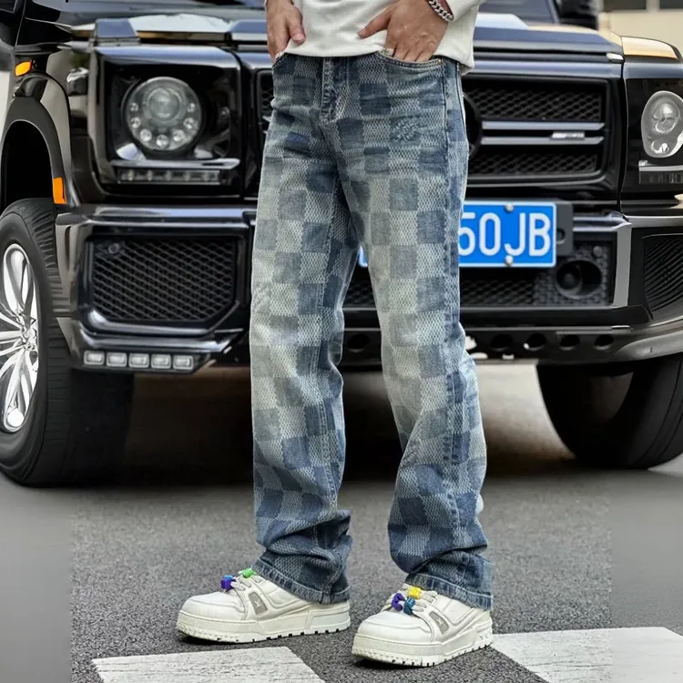 法尔利格专柜高端撞色棋盘格定制春夏牛仔裤男士个性直筒休闲长裤
