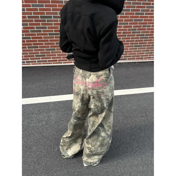 美式复古字母刺绣树枝迷彩休闲裤直筒阔腿百搭长裤男女2025年