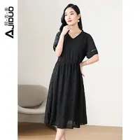 阿吉多黑色连衣裙女2025新款夏装重工精致绣花轻奢高级感A字裙子