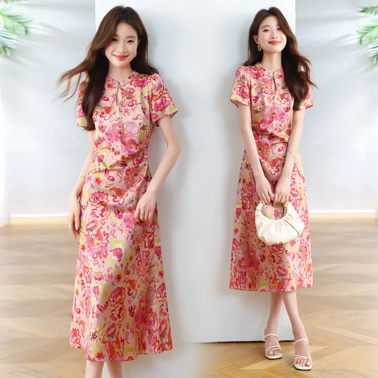 新中式国风印花连衣裙女2025年夏季新款复古气质盘扣改良旗袍裙子