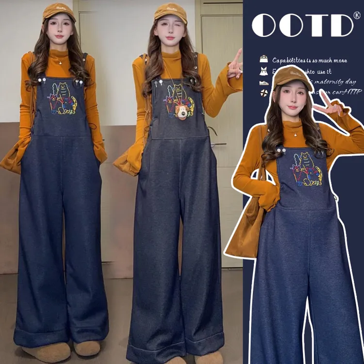 孕妇装秋冬装套装时尚刺绣小猫孕妇背带裤加绒加厚韩版上衣两件套