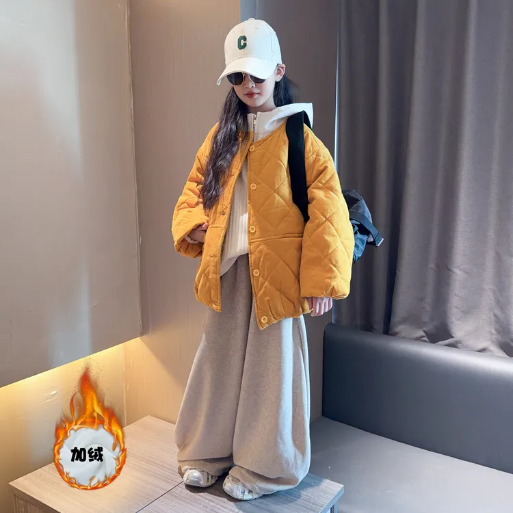 女童灯芯绒棉服2025冬季新款大童保暖宽松圆领棉衣外套时髦洋气冬