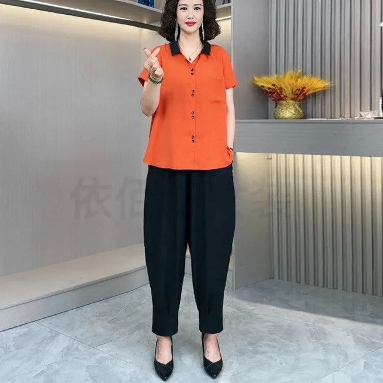 夏季中老年新款妈妈夏装时尚套装休闲宽松洋气大码两件套