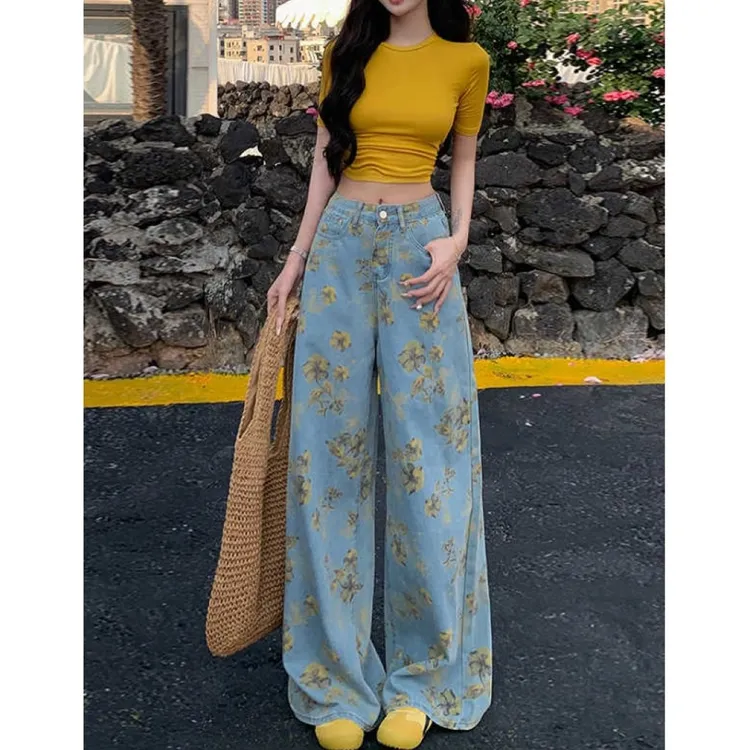 美式复古浪漫黄碎花阔腿牛仔裤女2025春夏高腰显瘦慵懒宽松堆堆裤