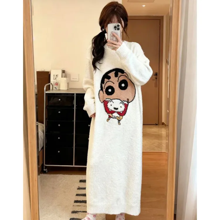 半边绒长款睡裙女2025新款秋冬季简约睡衣长袖可外穿高级感家居服