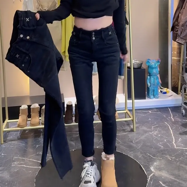 黑灰设计感小个子铅笔九分裤女大码2025秋冬加绒弹力显瘦小脚裤子