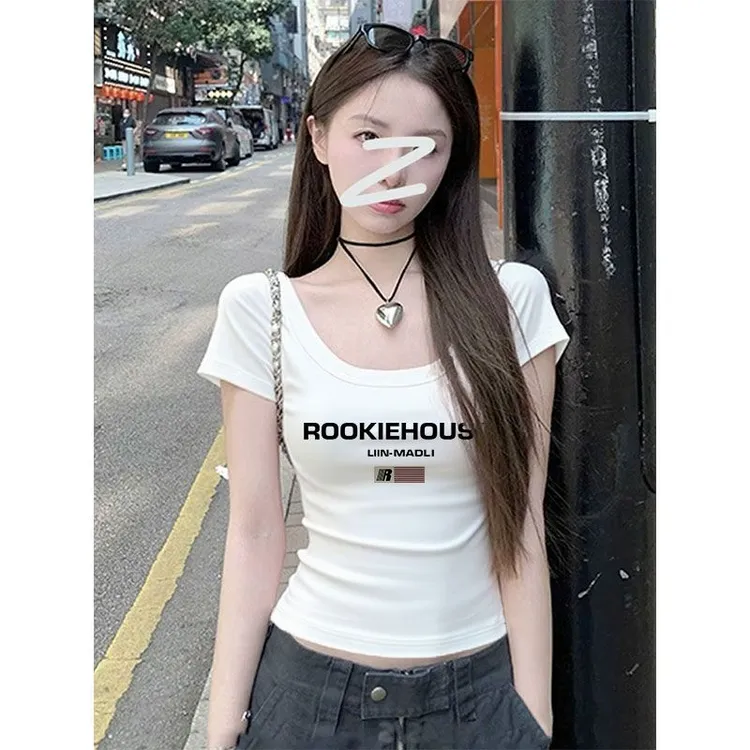 辣妹正肩短袖t恤女夏季2025新款纯欲短款U领chic茶艺修身白色上衣