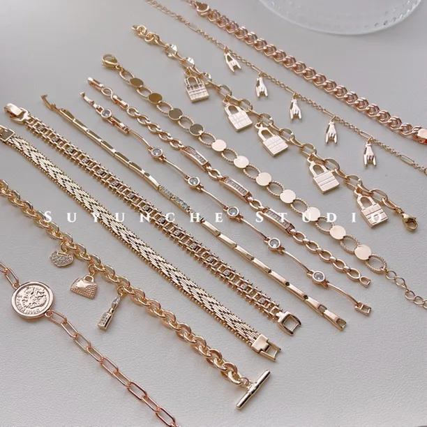 铜合金合成锆石手链 Suyunche2615时尚玫瑰金色别致单品手链合集