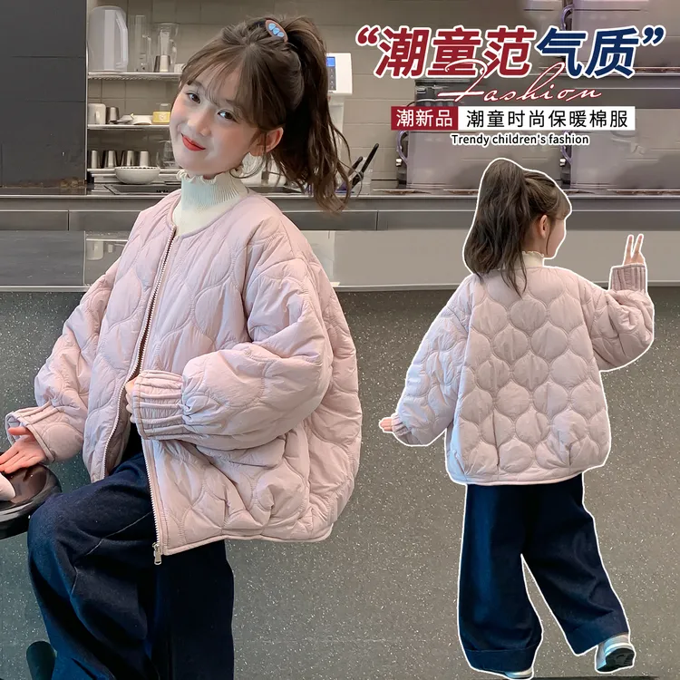 女童超好看粉色菱格棉衣棉袄女2025年冬季新款短款廓形宽松外套潮