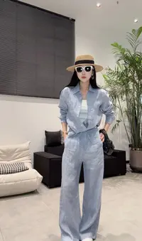 （李老板）早春老钱风高级感蓝色亚麻衬衫➕裤子套装（亚麻有褶皱正常