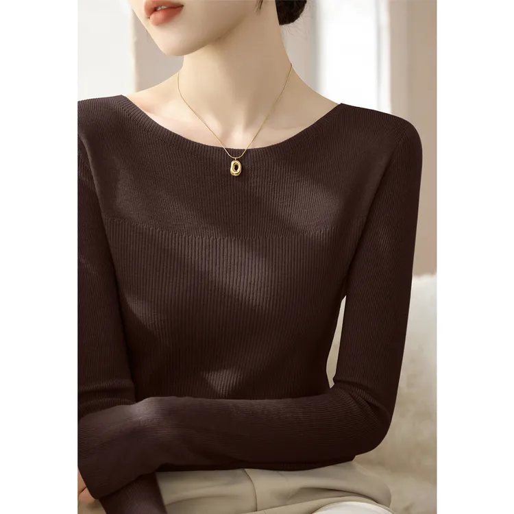 新款套头一字领简约上衣显瘦法式时尚秋冬长袖气质女装打底针织衫