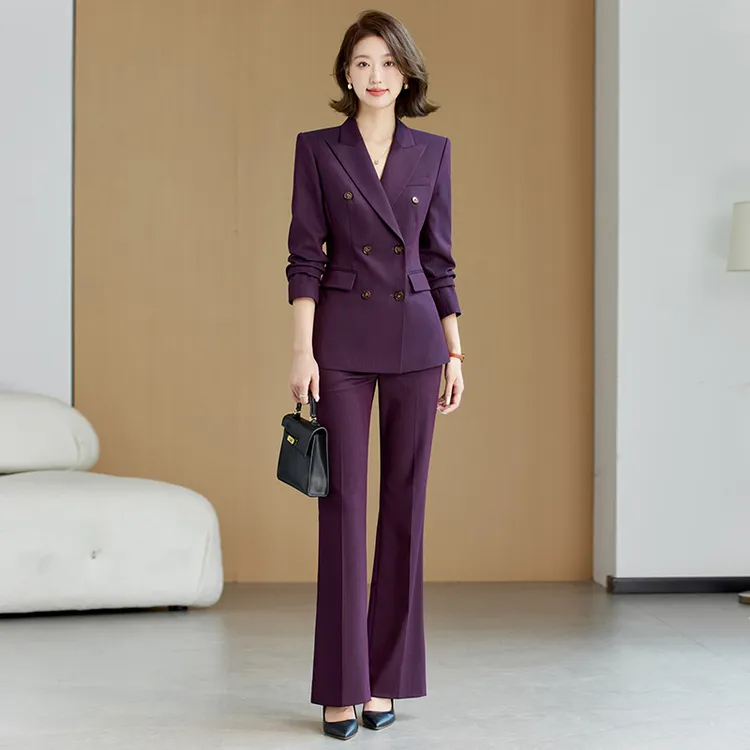春秋主持人紫色条纹西装套装女职业装气质面试律师正装西服工作服