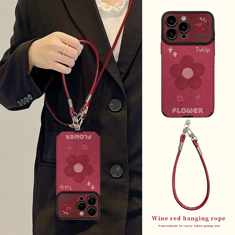 酒红小花适用iPhone17华为OPPO小米VIVO苹果16视窗贴皮斜跨手机壳