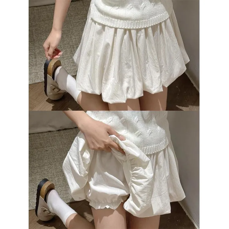 白色花苞短裙女夏季高腰a字小个子南瓜裤防走光蓬蓬半身百褶裙子