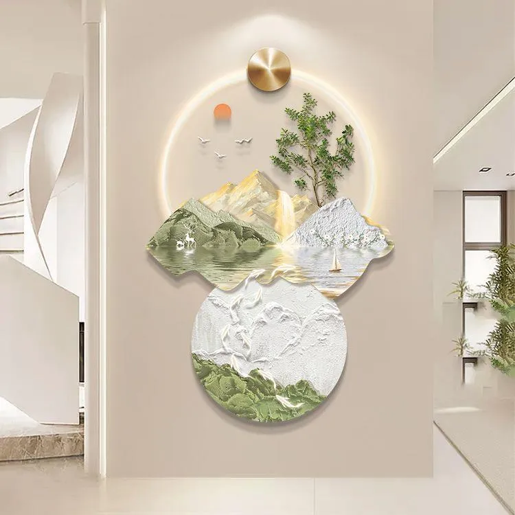 九鱼图玄关装饰画壁灯轻奢走廊过道挂画入户正对门高级感发光壁画