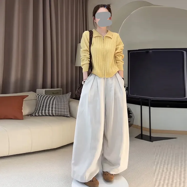 网红洋气炸街套装女2025年春秋新款翻领长袖针织开衫阔腿裤两件套