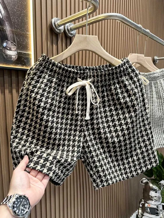 夏季男士时尚潮牌新款千鸟格百搭痞帅短裤高级感休闲宽松五分中裤