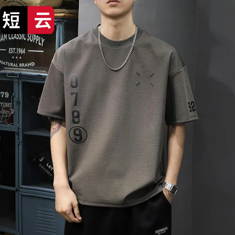 夏季重磅天丝短袖T恤男ins潮牌简约印花宽松半袖上衣体恤胖子大码
