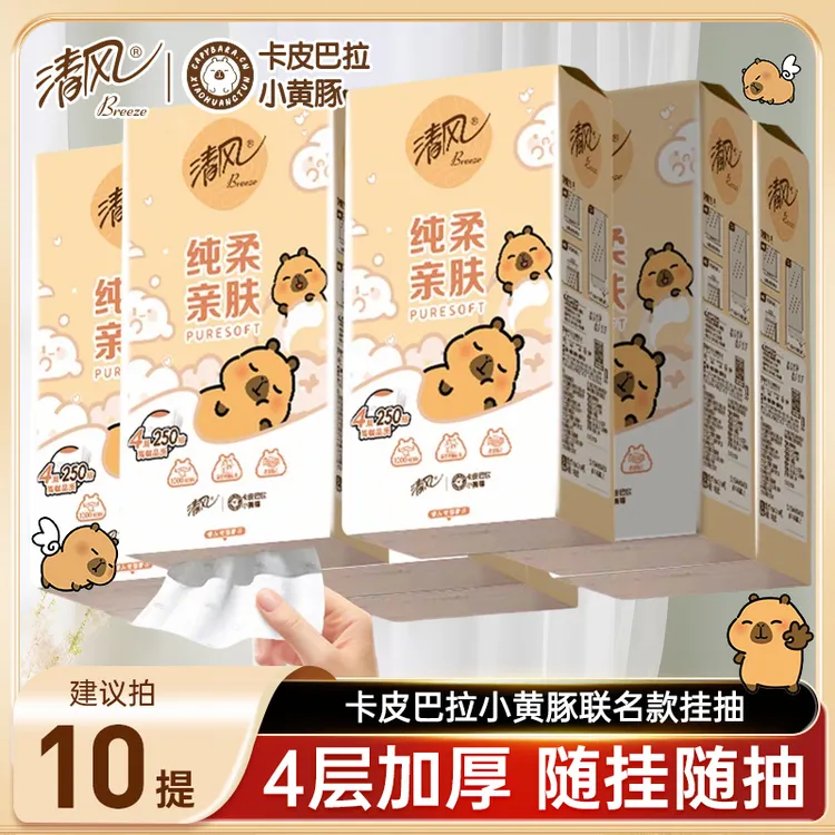 清风卡皮巴拉挂抽悬挂式挂抽250抽整箱6提10提开学宿舍必备纸巾