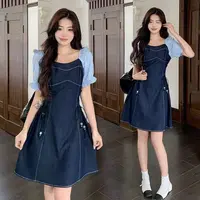 2025年夏季新款大码女装时尚假两件拼接绑带泡泡袖牛仔连衣裙1552