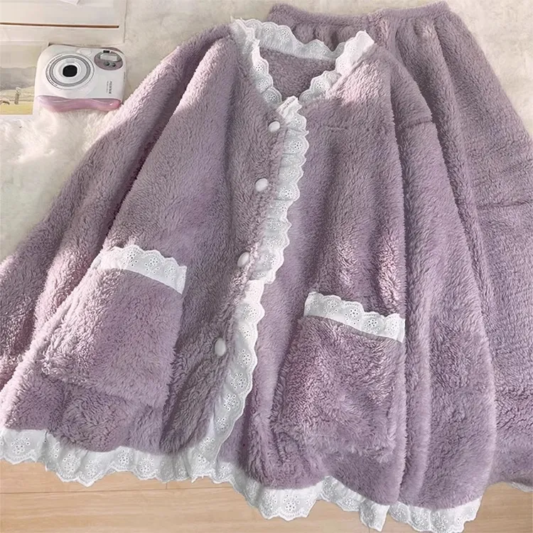 紫色小香风珊瑚绒睡衣女冬季毛绒保暖开衫甜美家居服纯色长袖套装