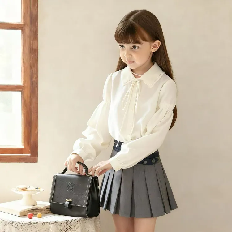 中大童纯棉法式白色气质娃娃领春秋长袖衬衫甜美百搭衬衣小清新款