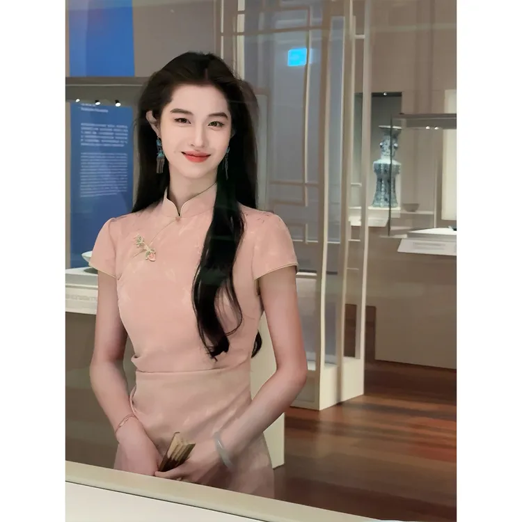 凌茜恣禾【桃夭】国风新中式粉色撞色芽条鱼尾裙复古收腰改良旗袍裙