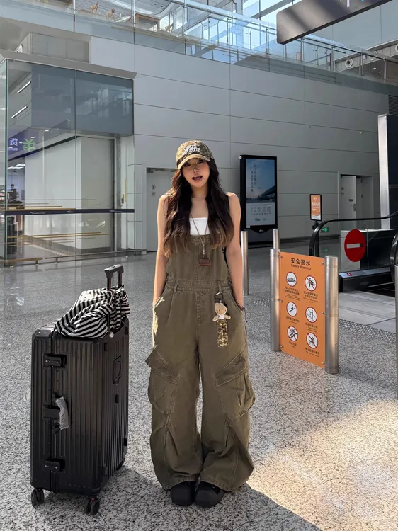 BINXLAN美式复古百搭工装牛仔背带裤女宽松连体裤女夏休闲阔腿裤