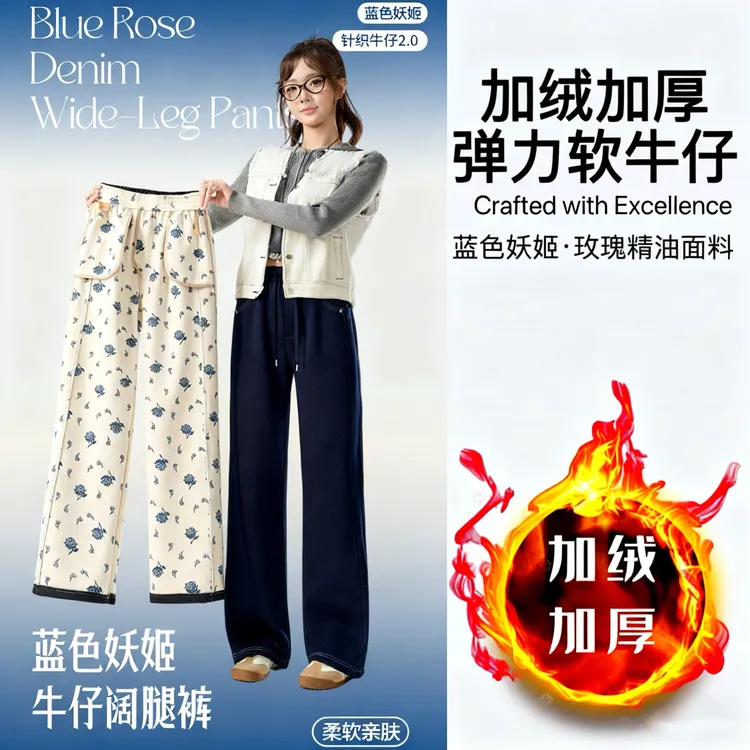 【桑蚕丝加绒款】蓝色妖姬.冬季加绒加厚弹力针织软牛仔
