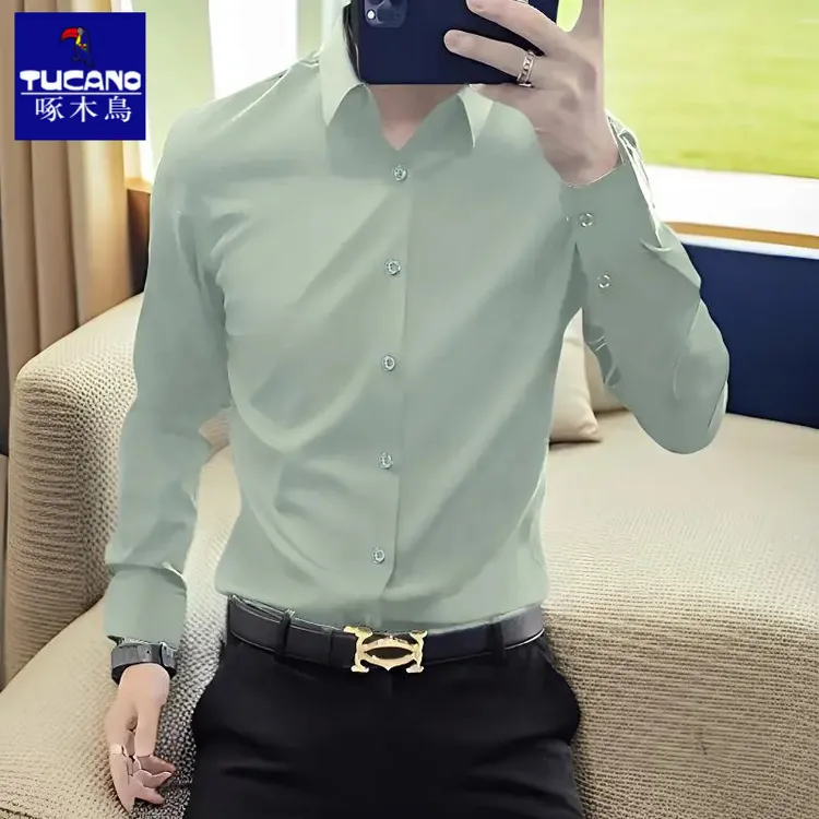 啄木鸟衬衫男款长袖春秋季竹纤维免烫抗皱弹力商务韩版修身衬衣男