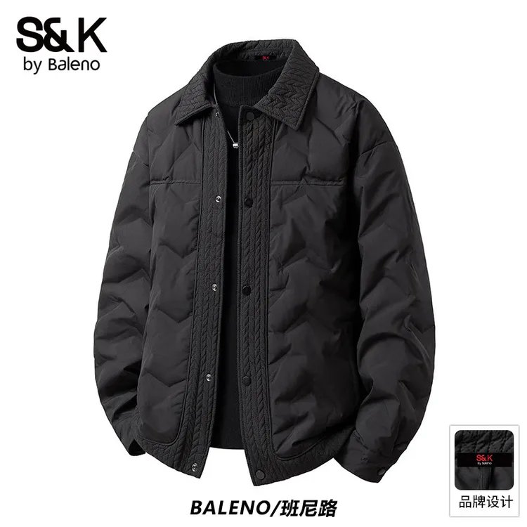 班尼路SK黑色翻领休闲羽绒服男士2025冬季加厚保暖宽松休闲外套潮