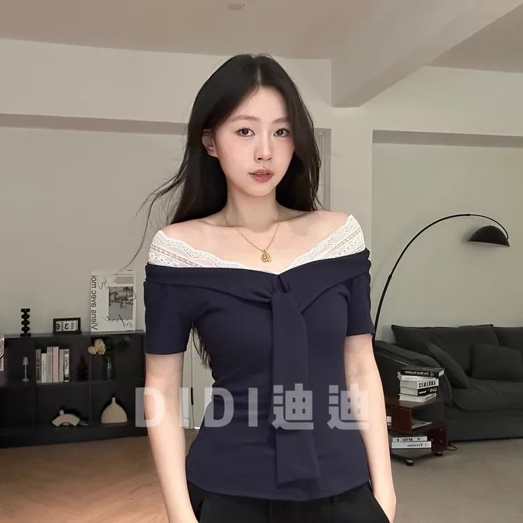 【DIDI】2025夏v领蕾丝拼接蝴蝶结绑带设计感正肩T恤上衣