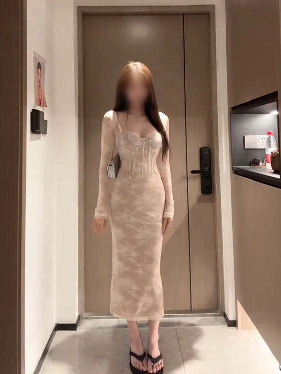 Z30966新款法式蕾丝长袖鱼骨连衣裙女秋冬御姐纯欲风性感包臀长裙