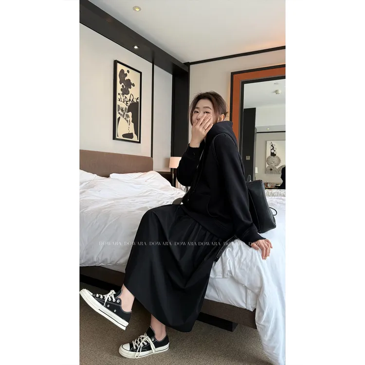大婉酱微胖定制【松烟墨】秋冬通勤假两件显瘦连帽卫衣连衣裙 0364D