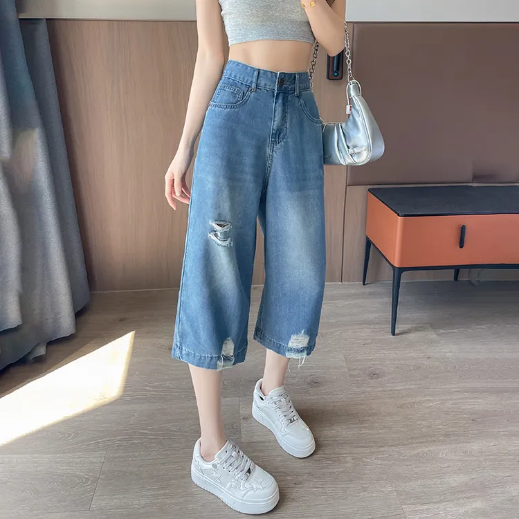 破洞显瘦薄款七分牛仔裤女小个子阔腿宽松直筒裤女款爆款2025新款