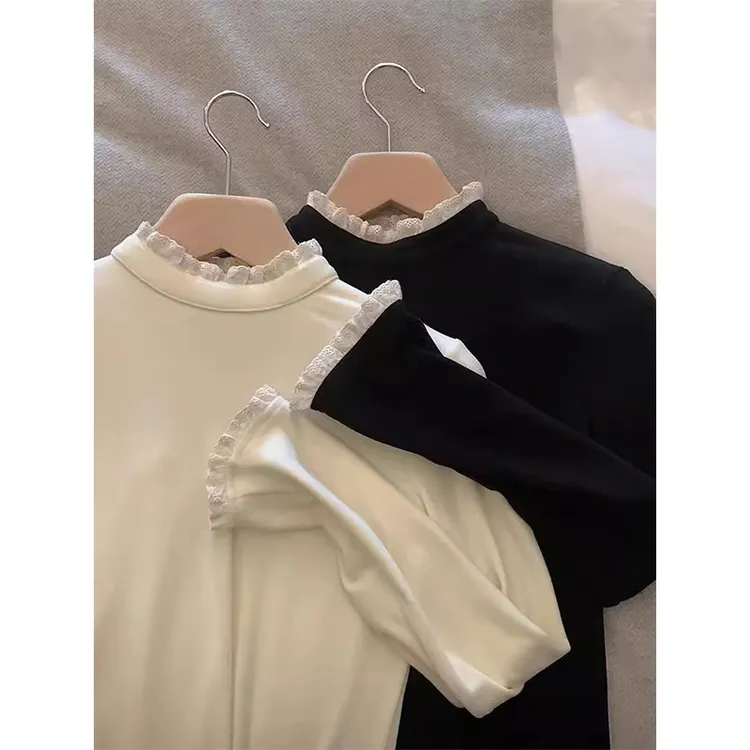 半高领蕾丝边打底衫女秋冬新款纯色内搭简约修身显瘦长袖体恤上衣