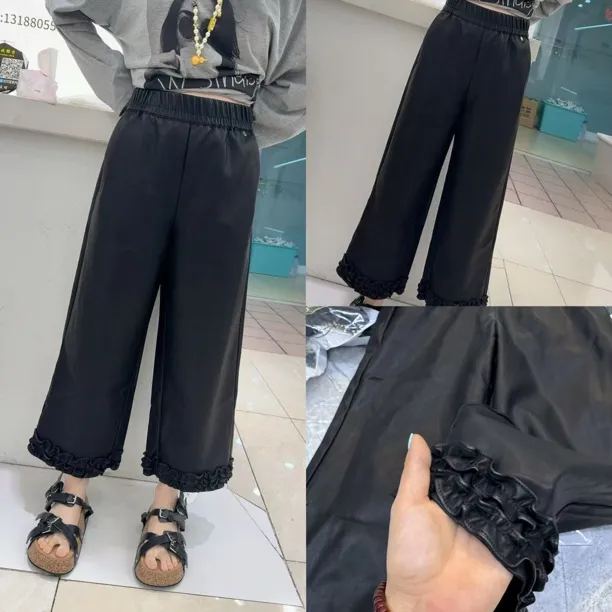 花边阔腿直筒皮裤（裤长85左右）