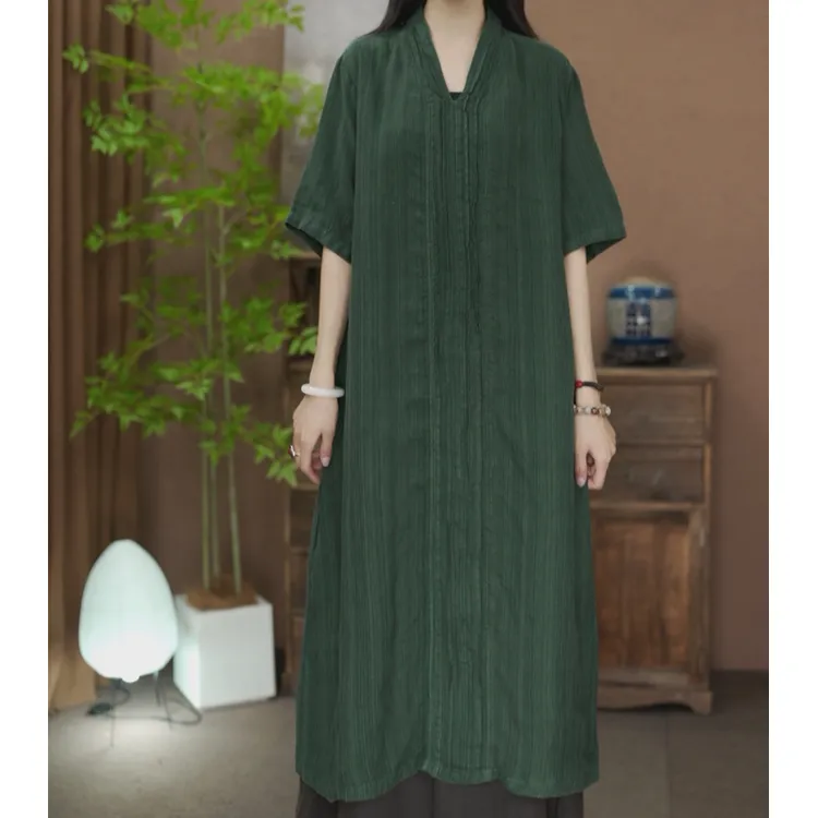 【原制原味】新款11367色织汉麻夏季风琴褶时尚优雅中长款袍子