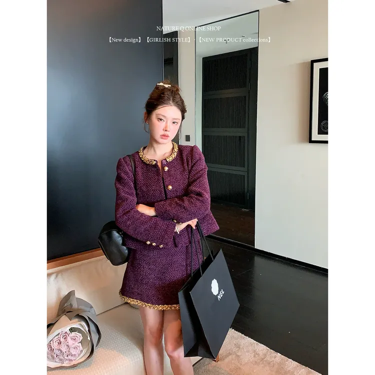 杨xiao卷 富家千金轻奢紫色小香风高级感短外套法式名媛两件套