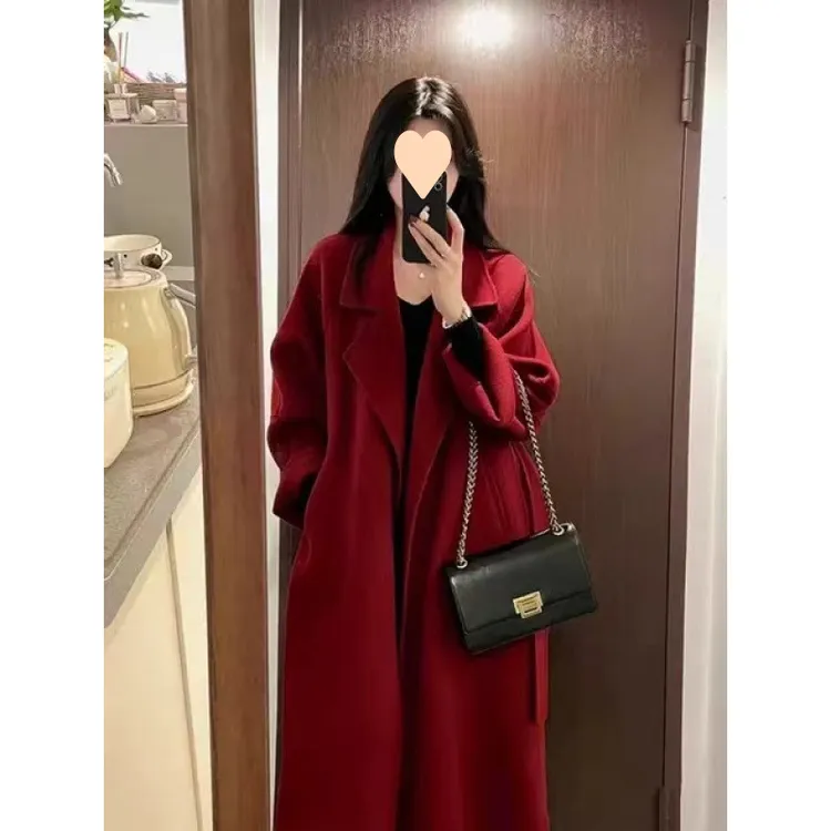 反季红色双面呢子大衣女长款洋气韩国赫本风高级感羊毛呢外套
