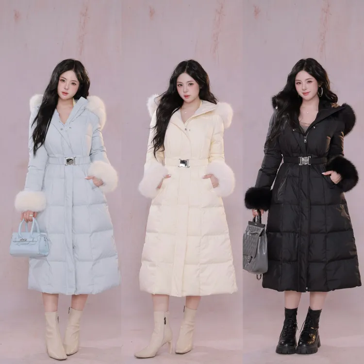 现货萌面侠【暖冬雪宝】新国标90白鸭绒连帽收腰过膝羽绒服6468M