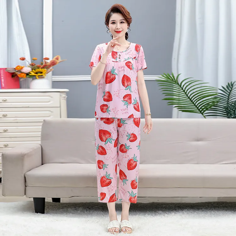 夏季薄款透气短袖睡衣家居服套装休闲夏装妈妈装宽松大码中老年