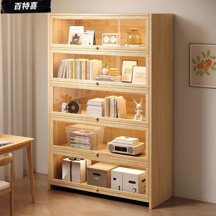 全实木防尘书柜翻门设计家用靠墙储物置物柜展示柜多层家用书柜