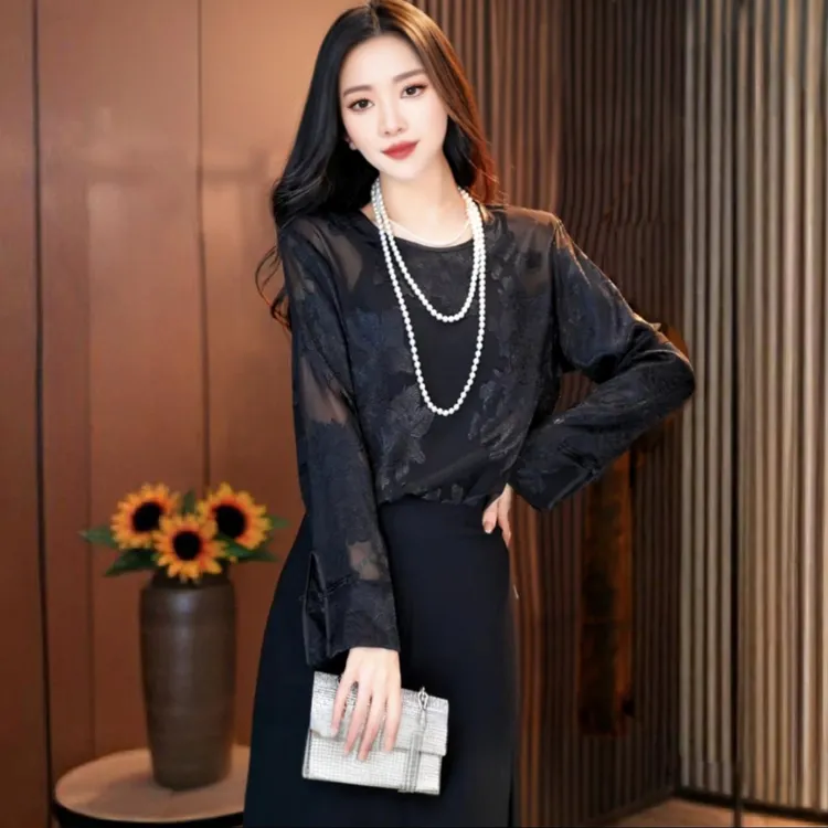 正版新中式时尚国风长袖上衣洋气休闲百搭中国风重工提花网纱气质