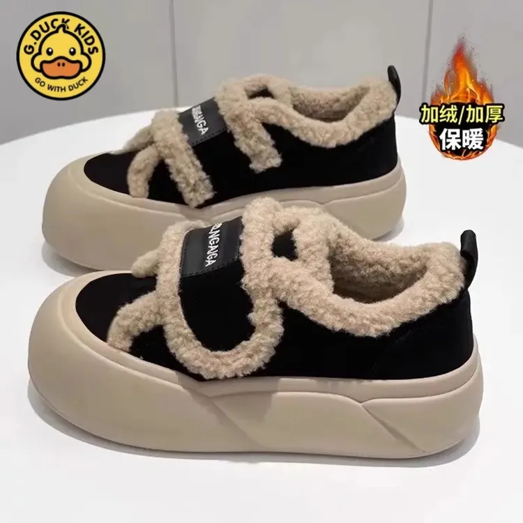 小黄鸭女童加绒加厚二棉鞋冬新款儿童软底绒面魔术贴中大童休闲鞋