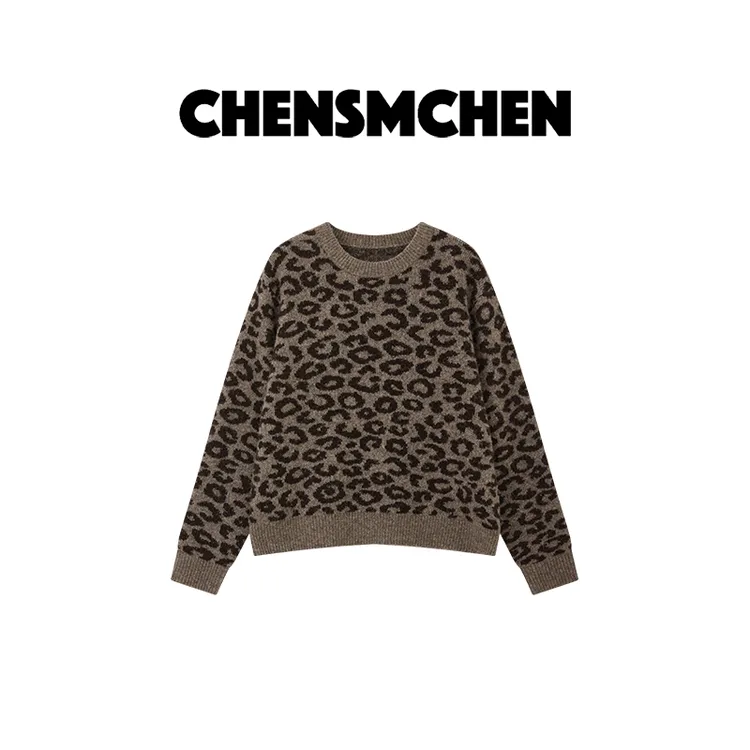 CHENSMCHEN绵羊毛羊驼毛豹纹针织衫女时尚百搭显瘦上衣CSM11612YW