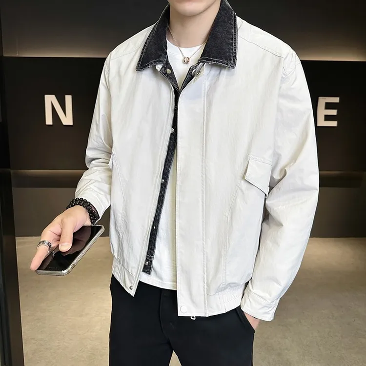 假两件外套男士春秋款2025新款高级感美式牛仔拼接翻领修身夹克男