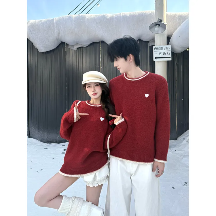 情侣装秋冬2025新款韩版慵懒风红色加厚爱心毛衣高级感小众针织衫