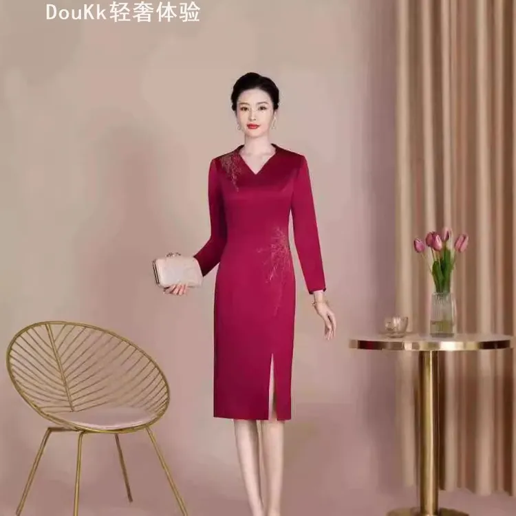 LACAH卖中国风喜妈妈改良旗袍新中式晚礼服婚宴喜婆婆敬酒连衣裙